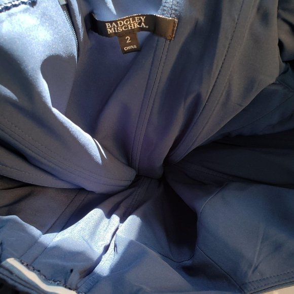 Blue Dress Satin Gown XS BADGLEY MISCHKA 2 Off Shoulder Ruched Formal NWT $895‎ - Picture 8 of 13